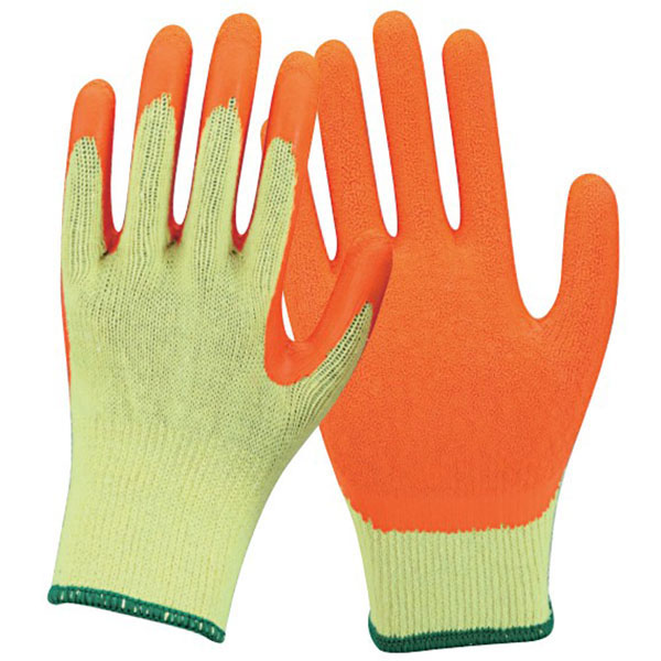 Model# DSGL02 10g 2 threads Yellow Polycotton with Orange Crinkled Latex Coated Gloves