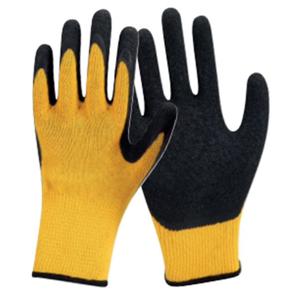 Model# DSGL03 10g 5 Threads Golden Yellow Polyester liner with black crinkled latex Palm Coated Gloves
