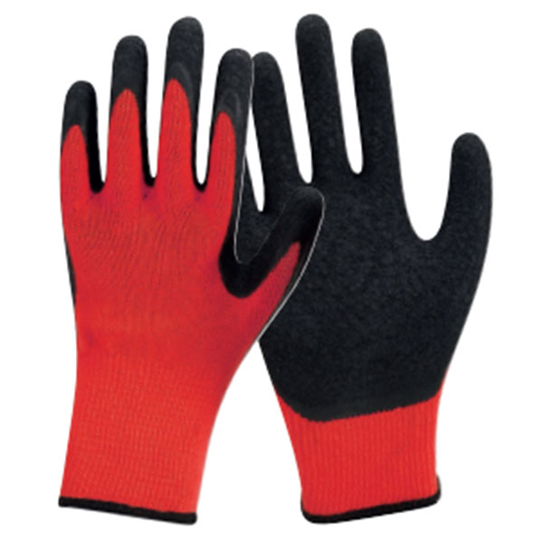 Model# DSGL04 10g 5 threads Red Polyester with Black Crinkled Latex Coated Gloves
