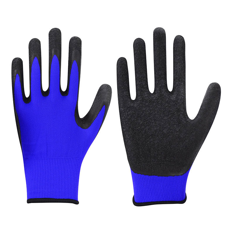 Model# DSGL05 13g Blue Polyester or Nylon with Black Crinkled Latex Coated Gloves