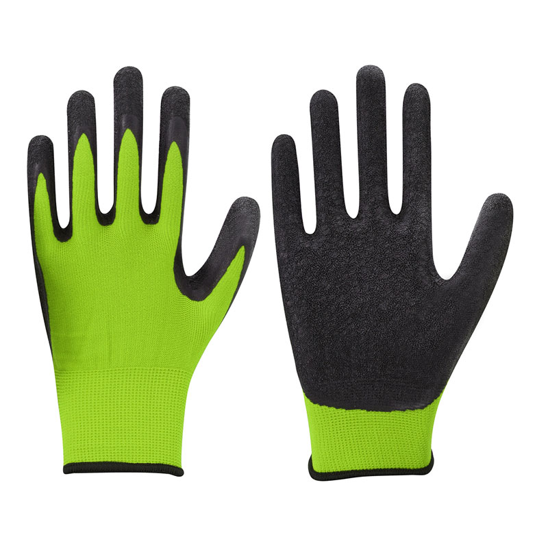 Model# DSGL07 13g Hi-vi Green Polyester or Nylon with Black Crinkled Latex Coated Gloves